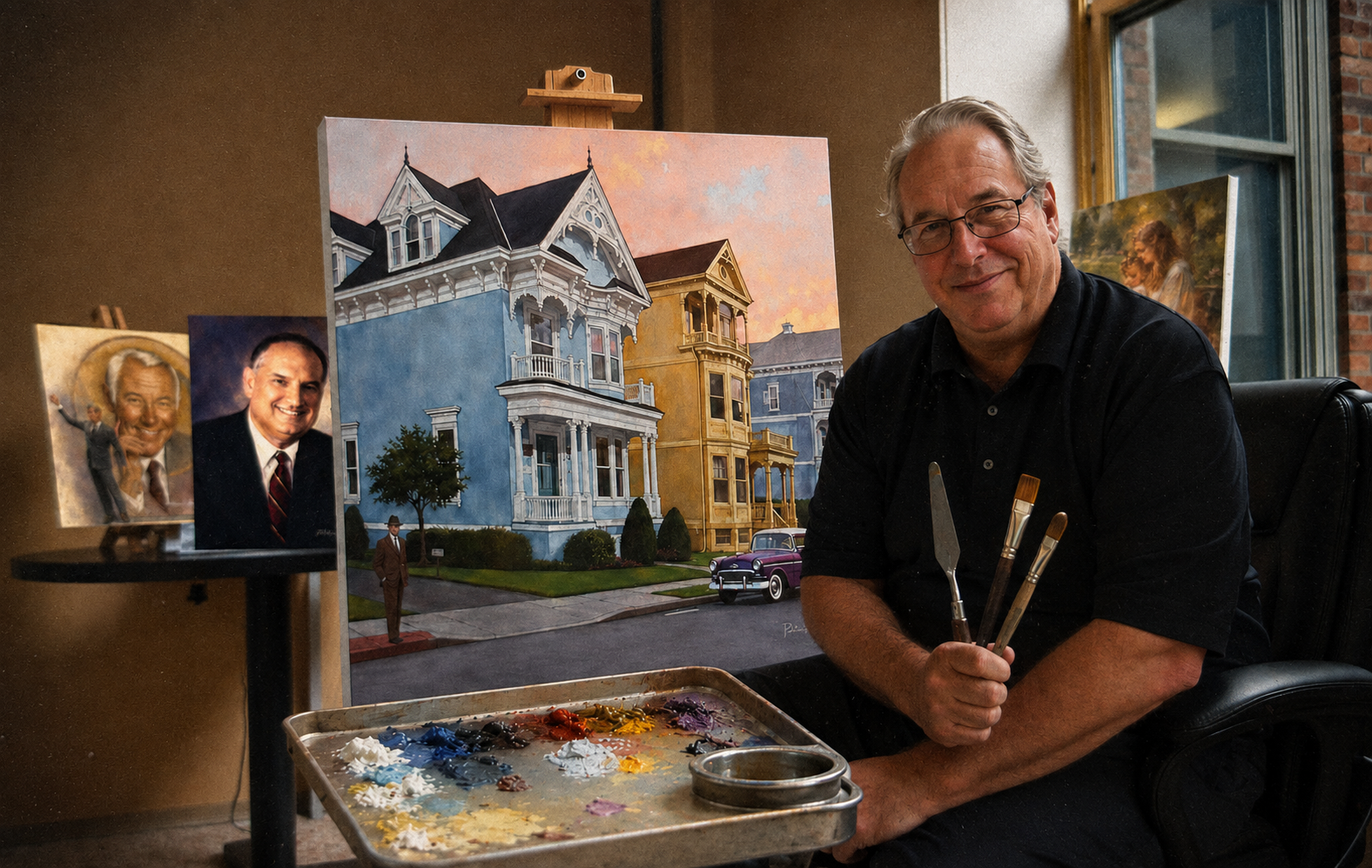 Bill Hinsch seated in his studio with brushes and paintings
