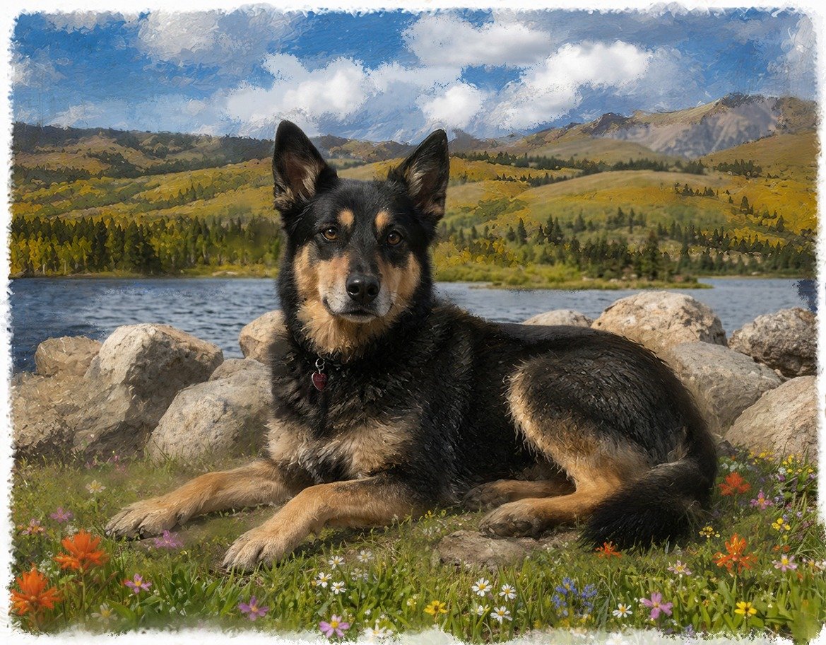 Callie, a dog in a meadow.