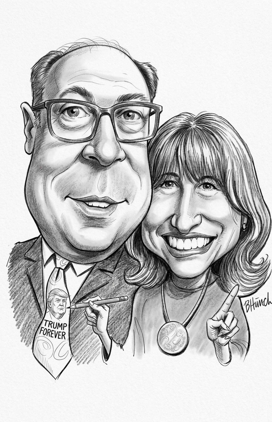 A finely drawn pencil portrait of Ben and Millie.