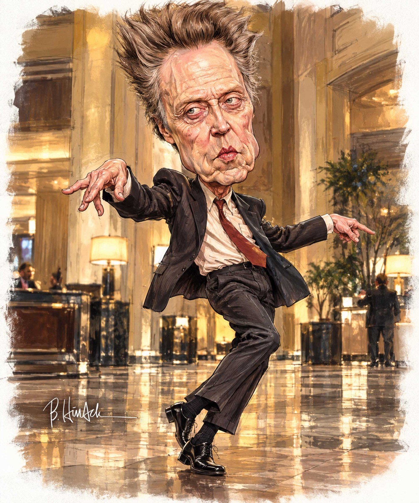 Christopher Walken dancing through the lobby in a playful caricature inspired by Weapon of Choice.