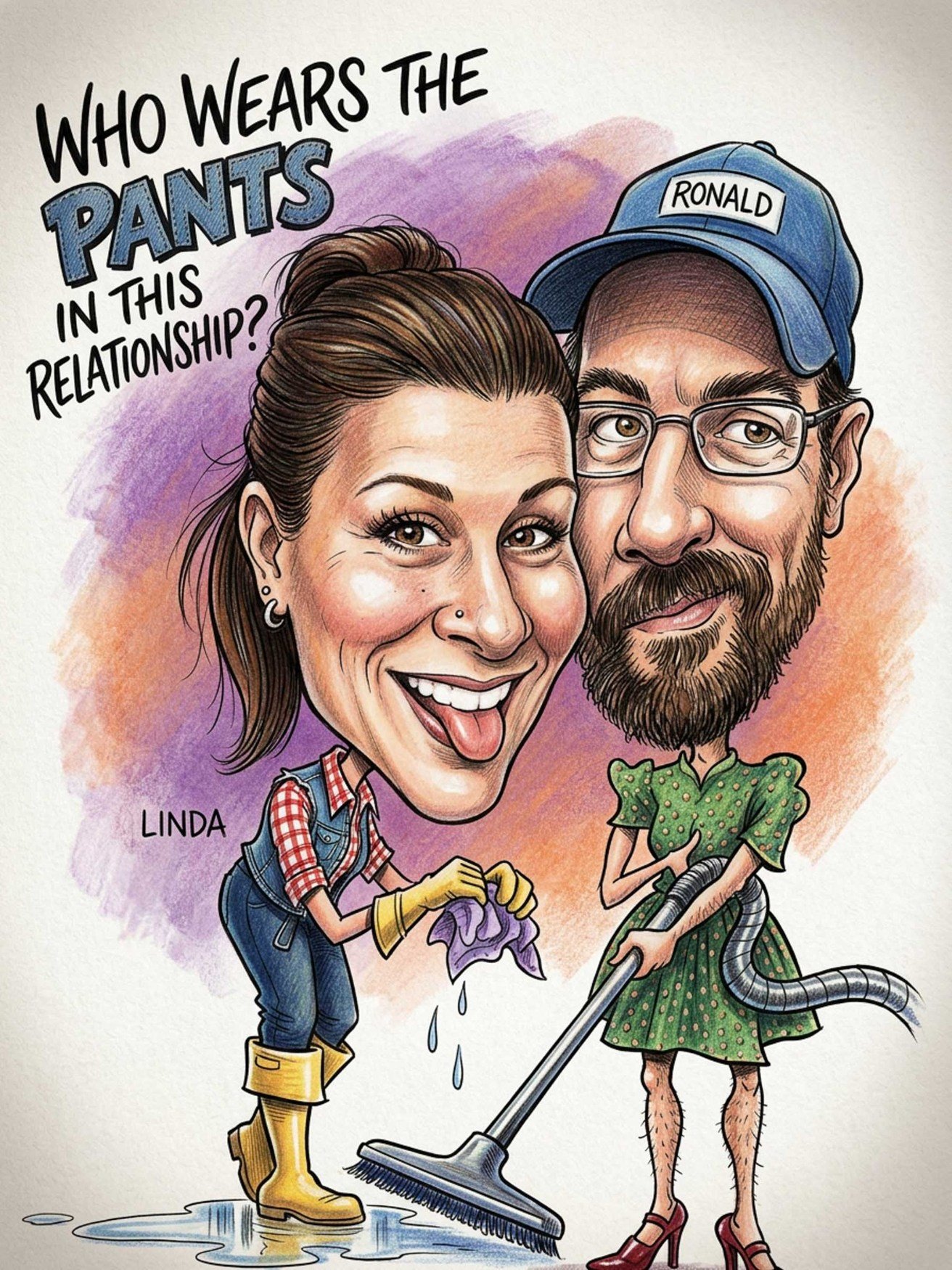 A playful couple caricature with a comic “who wears the pants?” setup.