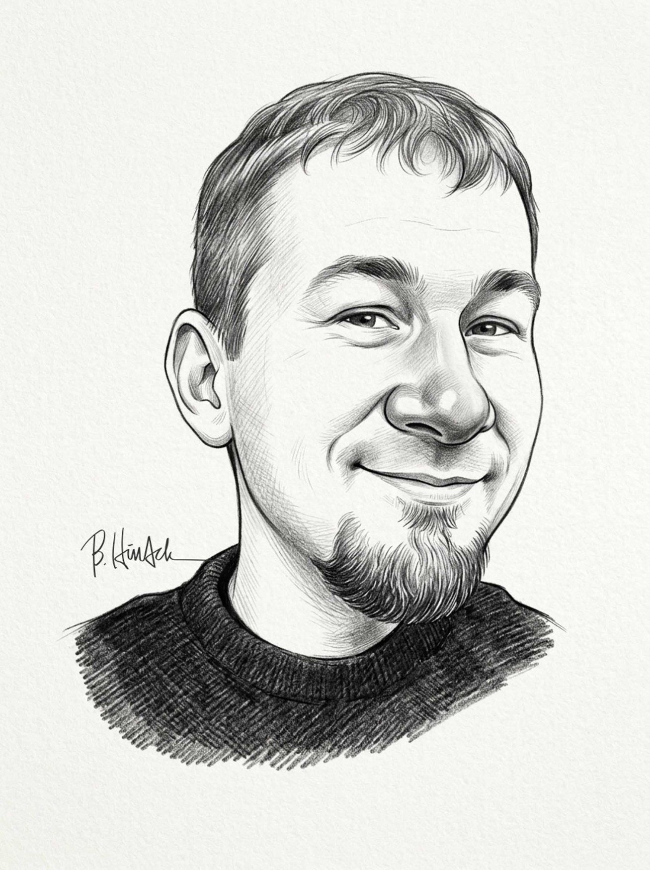 A clean pencil caricature of Jason Plontz.
