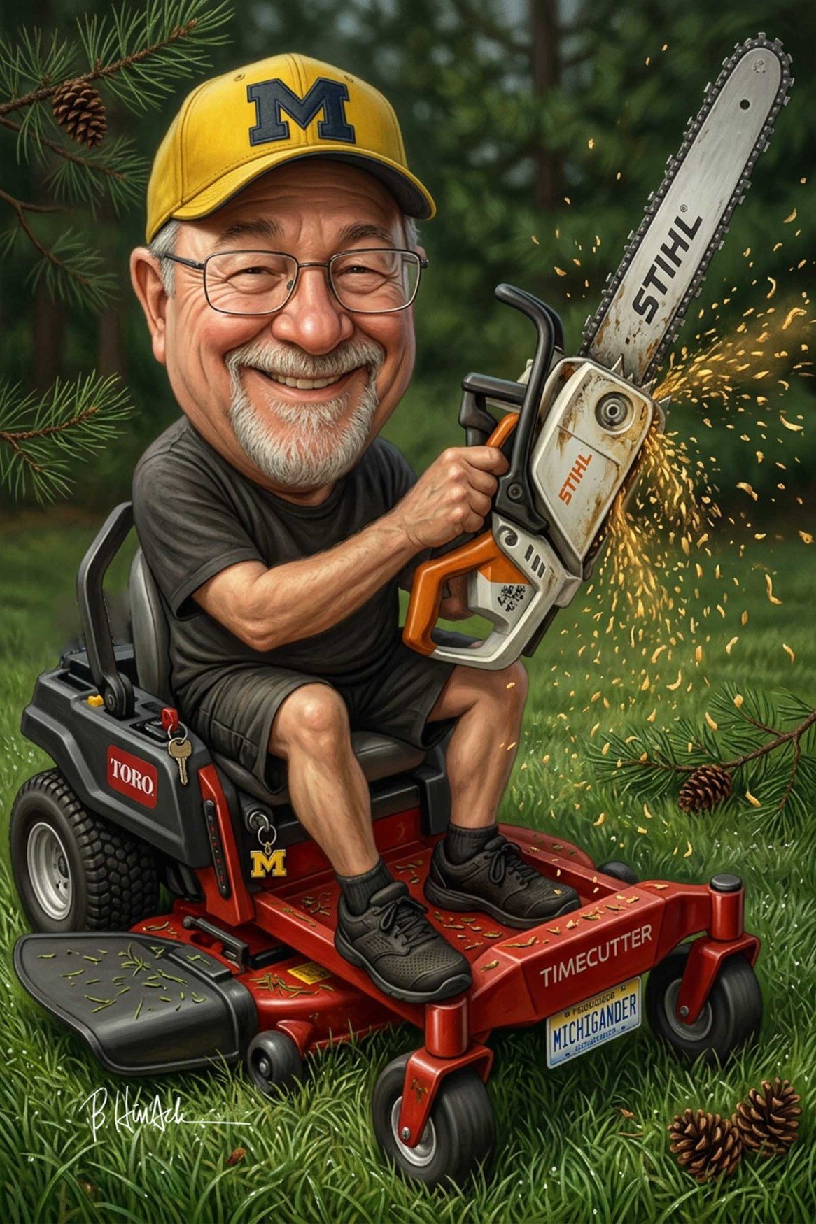 Tim Janney and his mower in a spirited outdoor caricature.