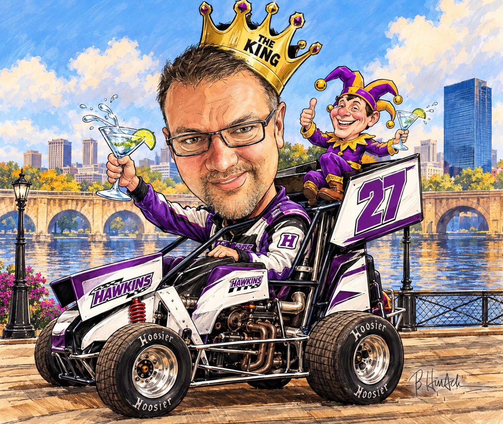 A motorsports caricature celebrating Troy Hawkins and his racing world.