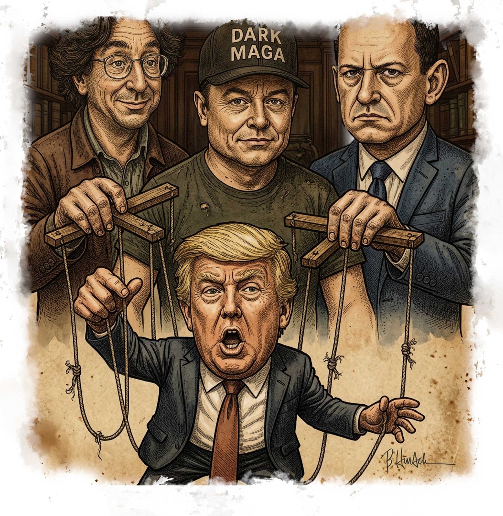 A political caricature featuring Trump, Yarvin, Musk, and Thiel.