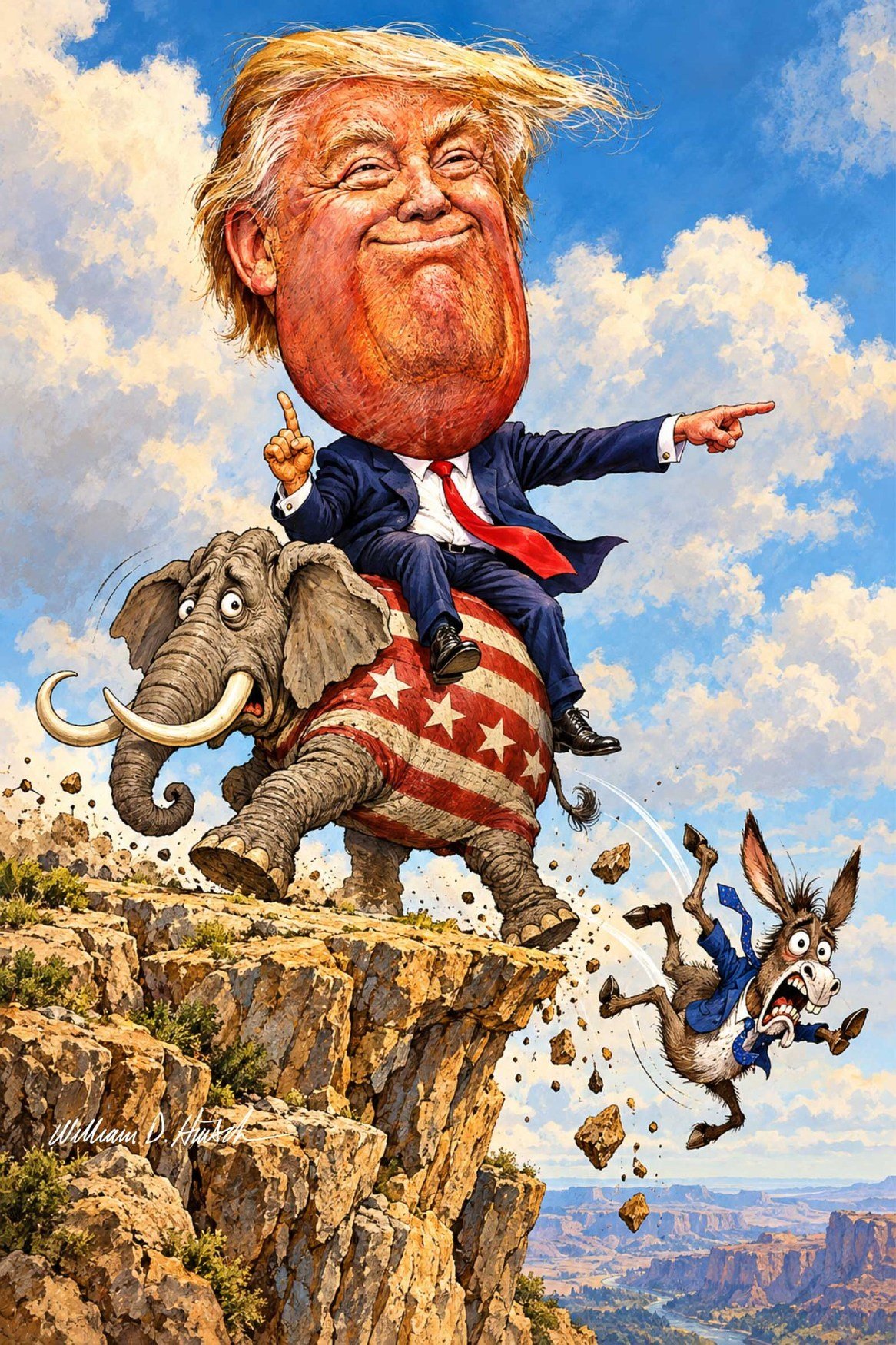A satirical political caricature set on a rocky landscape.